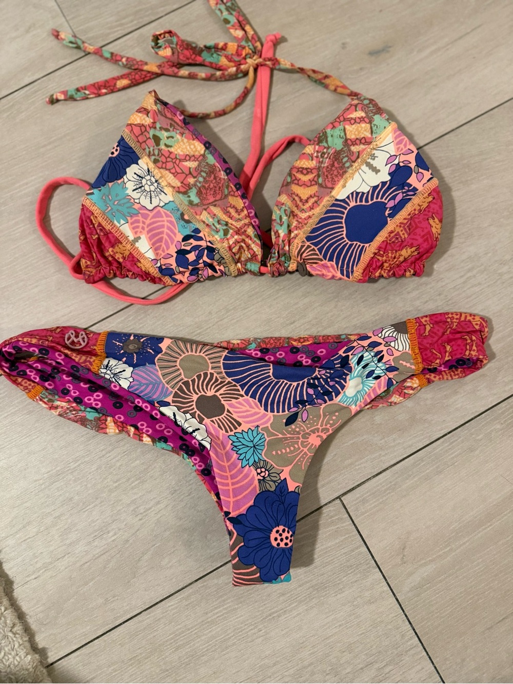 Maaji Floral Patchwork Triangle Bikini in Coral, Navy & Pink